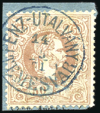 Stamp of Hungary 50Kr bräunlichrosa entwertet mit blauem Einkreis T