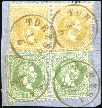 Stamp of Hungary Frankings

3Kr Green and 2Kr yellow pairs tied b