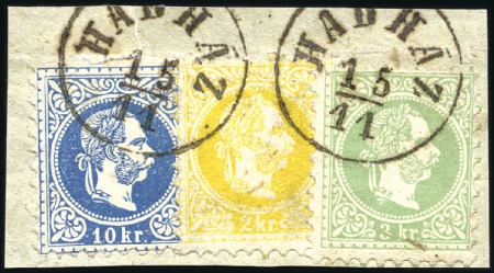 Stamp of Hungary 10Kr Blue, 3Kr green and 2Kr yellow tied by two cl