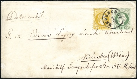 Stamp of Hungary 2Kr gelb auf 3Kr grün Ganzsachenumschlag entwertet
