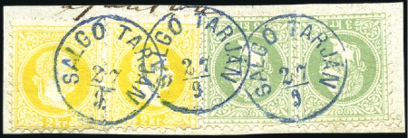 Stamp of Hungary 2Kr gelb (2) und 3Kr grün (2) entwertet mit blauem