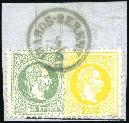 Stamp of Hungary 3Kr grün und 2Kr gelb entwertet mit GRÜNEM Einkrei