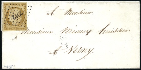 Stamp of France 1849 10c bistre-jaune obl. PC2912 de Solgne, Mosel