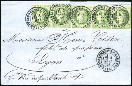 Stamp of France 1871-75 5c vert en bande de cinq obl. càd Chateaun