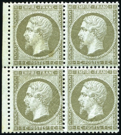 Stamp of France 1862 1c Empire dent. en bloc de 4 avec petit bdf, 