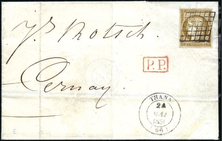 Stamp of France 1849 10c bistre-jaune obl. grille sur pli de Thann