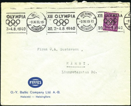 Stamp of Olympics 1939 (Nov 3) Envelope to Härst with 1 1/2m tied by