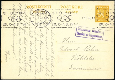 Stamp of Olympics 1940 (Jan 17) 1.25m Postal stationery card cancell