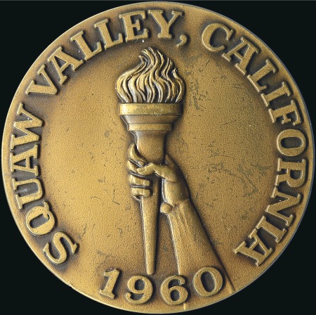 Stamp of Olympics 1960 Squaw Valley participation medal in bronze, f