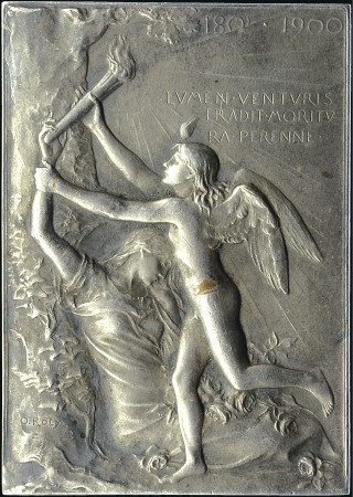 Stamp of Olympics 1900 Paris Exposition plaque in silvered bronze by