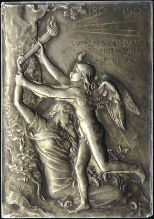 Stamp of Olympics 1900 Paris Exposition plaque in silvered bronze by