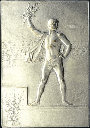 Stamp of Olympics 1900 Paris Exposition award plaque in silvered bro