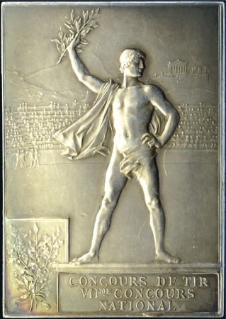 Stamp of Olympics 1900 Paris Exposition award plaque in silvered bro