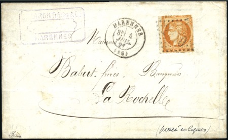 Stamp of France 1870 40c Bordeaux avec perçage privé de MARENNES s