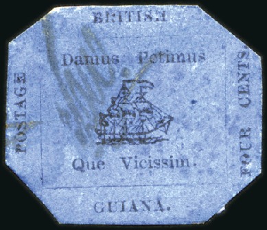 Stamp of British Guiana 1856 Provisional 4 cents black on blue glazed surf