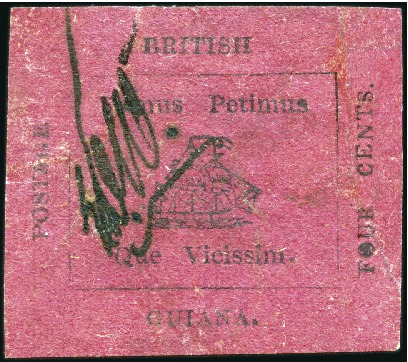 Stamp of British Guiana 1856 Provisional 4 cents black on magenta, securit
