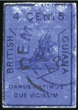 Stamp of British Guiana 1852 Waterlow 4 cents black on deep blue, used wit