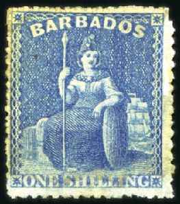 Stamp of Barbados 1861 No wmk 1s blue ERROR OF COLOUR, pen cancel re