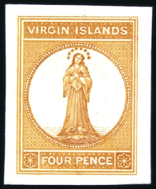 Stamp of British Virgin Islands 1867 4d Imperforate proofs on card, in mauve, dull