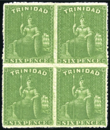 Stamp of Trinidad and Tobago 1859 No wmk pin perf. 14 6d bright yellow green, a