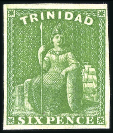 Stamp of Trinidad and Tobago 1859 Perkins Bacon imperforate 6d deep green, unus