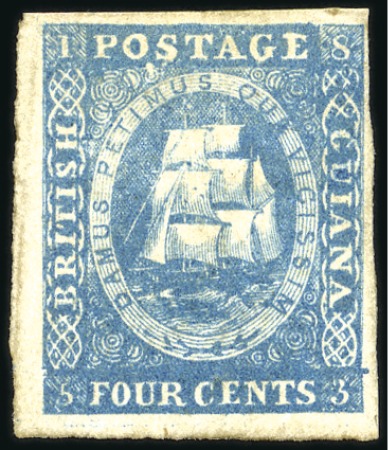 Stamp of British Guiana 1853-55 Waterlow lithographed 4c blue, retouched s