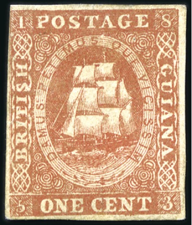 Stamp of British Guiana 1853-59 Waterlow lithographed 1c brownish red (typ