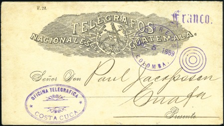 Stamp of Guatemala 1889 Telegraph envelope from Colombia to Paul Jaco