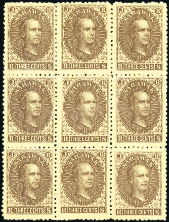 Stamp of Sarawak 1869 3c Brown on Yellow unused block of 9, a coupl