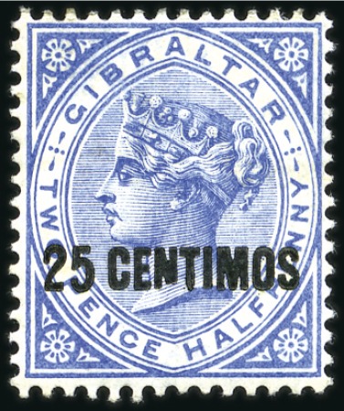 Stamp of Gibraltar 1889 25c on 2 1/2d Bright Blue, duo with varieties
