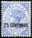 Stamp of Gibraltar 1889 25c on 2 1/2d Bright Blue, duo with varieties