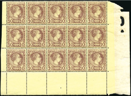 Stamp of Colonies françaises » Monaco 1885 Charles III, 10c en bloc de 15 bdf, tous neuf