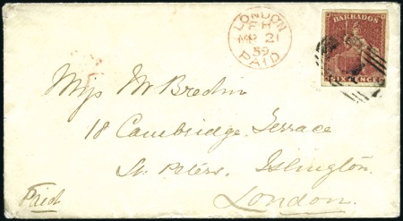Stamp of Barbados 1859 (Feb 27) Envelope to England with 1858 6d dee