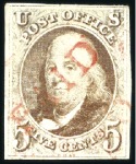 Stamp of United States 1847 Franklin 5c used selection of 4 with cancels 