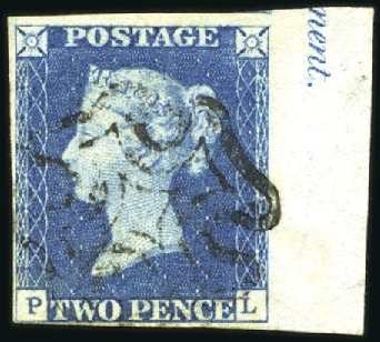 Stamp of Great Britain » 1840 2d Blue (ordered by plate number) 1840 2d Blue pl.2 PL right marginal showing inscri