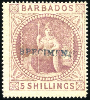 Stamp of Barbados 1873 5s Dull Rose with SPECIMEN handstamp, no gum,