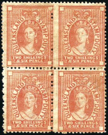 Stamp of Australia » Queensland POSTAL FISCALS: 1871-72 2s6d mint block of four, t