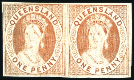 Stamp of Australia » Queensland 1868-78 1d Orange-Vermilion imperf. pair, with goo