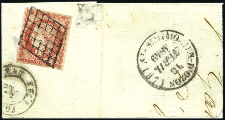 Stamp of France 1849 1F vermillon obl. grille sur grand fragment, 