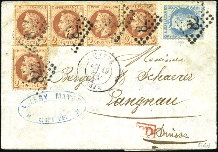Stamp of France 1869 2c Lauré (x5) +20c Lauré de Cette 19.05.69 po