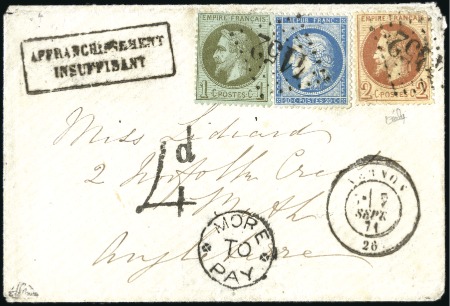 Stamp of France 1871 Tricolore pour l'Angleterre avec 1c Lauré +2c