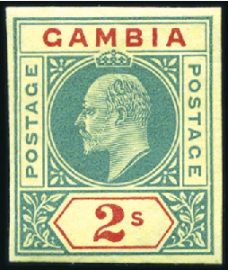 Stamp of Gambia 1902-05 2s imperf. colour trial in carmine and gre