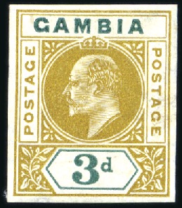 Stamp of Gambia 1902-05 3d imperf. colour trial in olive-bistre an