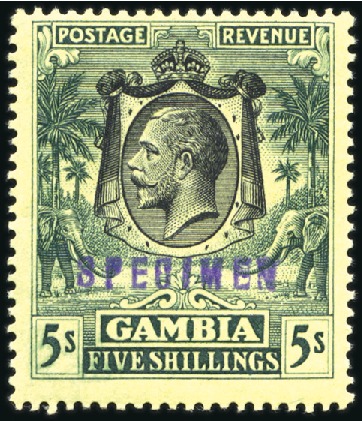 Stamp of Gambia 1922-29 MCA 5s green on yellow handstamped "SPECIM