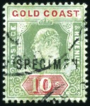 Stamp of Gold Coast 1907-13 1s, 2s, 2s6d, 5s and prepared for use but 
