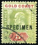 Stamp of Gold Coast 1907-13 1s, 2s, 2s6d, 5s and prepared for use but 