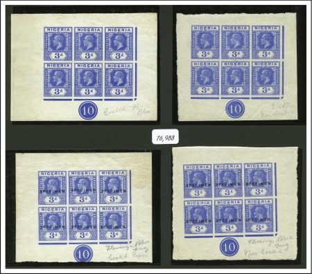 Stamp of Nigerias 1922c 3d Die II, a group of four matching proof sh