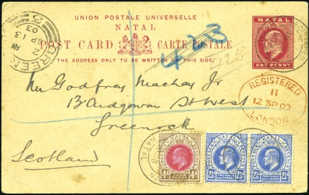Stamp of South Africa » Natal 1903 (Aug) 1d Postcard sent registered mail to Sco