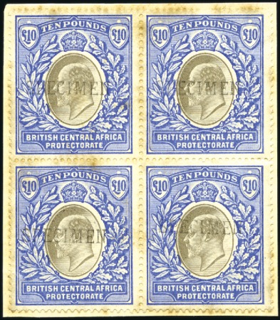 Stamp of Nyasaland 1903-04 1s, £1 and £10 blocks of four, each handst