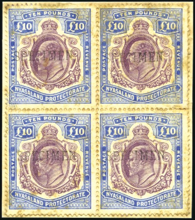 Stamp of Nyasaland 1908 4d, 6d, 1s, 2s6d, 10s and £10 blocks of four,